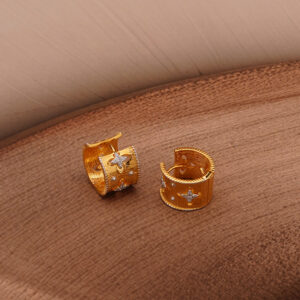 AGOR 925 Silver Gold Plated Cuff Earrings with Cut-Out Motifs & CZ Border